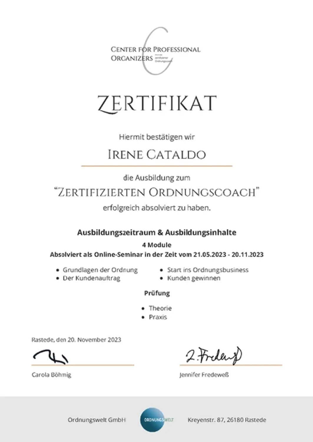 Irene Cataldo, Zertifikat